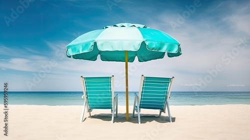 Blue sunbeds and umbrellas on the beach  Generative AI