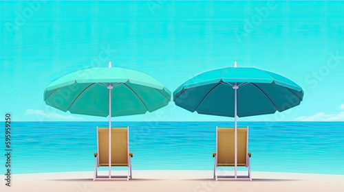 Blue sunbeds and umbrellas on the beach  Generative AI