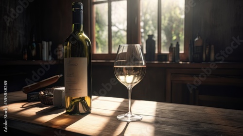 Wine, wineglasses on cheeseboard with grapes fresh bread, in the sunlight with garden background. artistic still life, generated by artificial intelligence
 photo