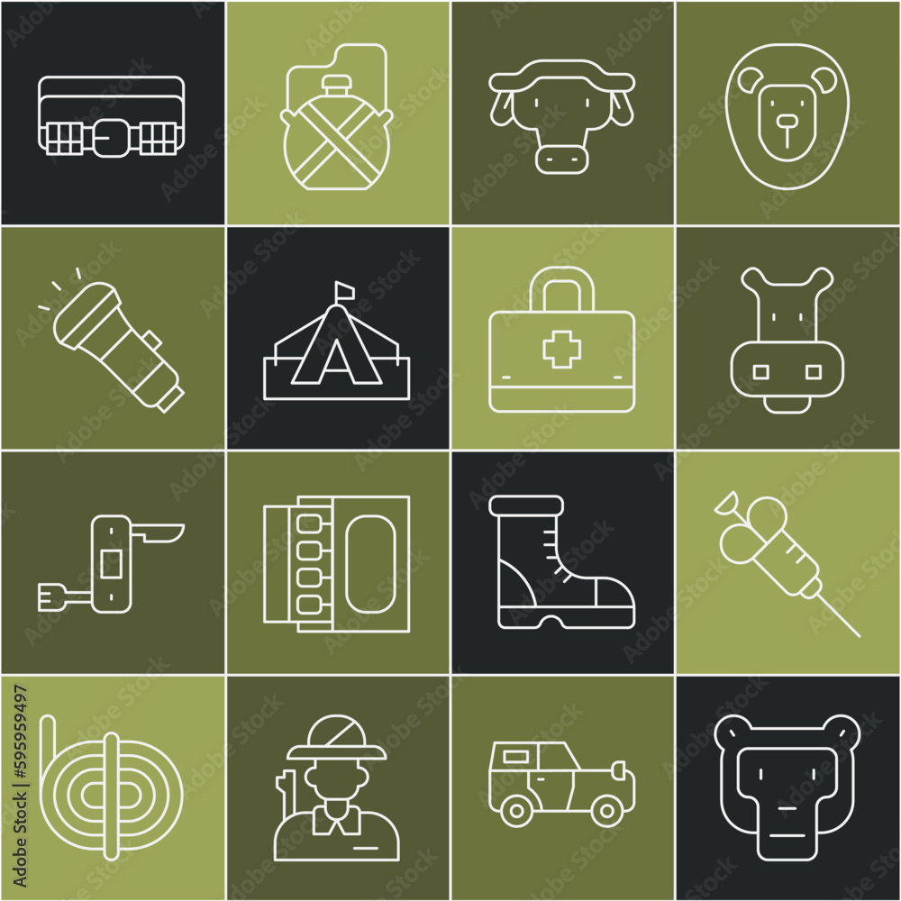 Set line Monkey, Syringe, Hippo or Hippopotamus, African buffalo head, Tourist tent, Flashlight, Hunting cartridge belt and First aid kit icon. Vector Set line Monkey, Syringe, Hippo or Hippopotamus, African buffalo head, Tourist tent, Flashlight, Hunting cartridge belt and First aid kit icon. Vector