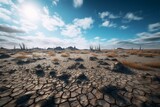 3D rendering of barren dessert landscape with blue sky and clouds in the horizon. Generative AI