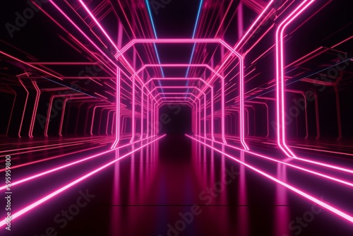 Pink neon light tunnel. 3D rendering. Generative AI