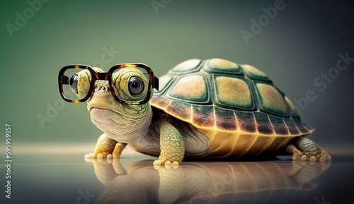 Cute little green turtle with glasses in front of studio background. Generative AI © myAstock