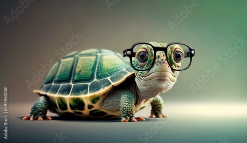 Cute little green turtle with glasses in front of studio background. Generative AI © myAstock