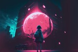 Juvenile female clutches iridescent orb while standing atop skyscraper within neon metropolis at night. Fantasy concept , Illustration painting. Generative AI