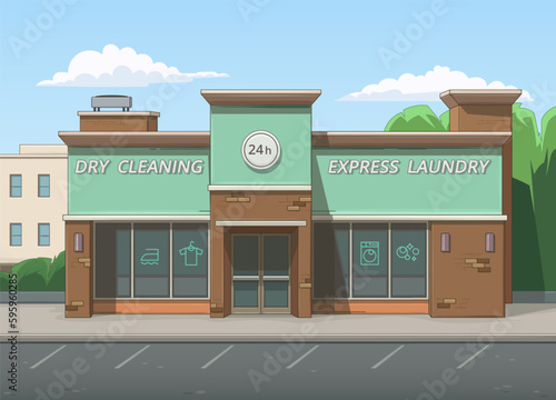 Laundry building. Brick building, exterior, architecture. Laundry shop, advertising sign, showcase. Sunny summer cityscape. Street with green trees, sidewalk, parking. Vector illustration.