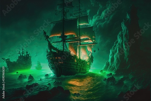 Night scene of phantom buccaneer vessel on the ocean with enigmatic emerald glow. Fantasy concept , Illustration painting. Generative AI