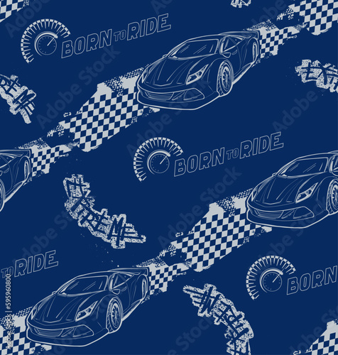 Sport car seamless pattern. Automobile, grunge chequered border, speedometer. Endless cars wrapping. Speed race repeat print. Vehicle auto endless ornament for sport textile, wrapping paper