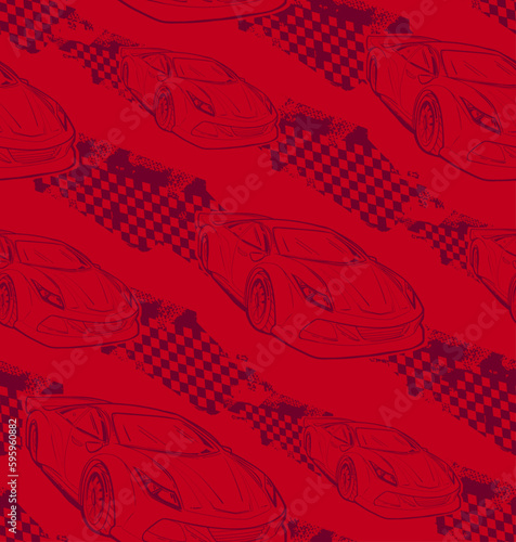 Sport car seamless pattern with silhouette of automobile and grunge chequered border. Endless car wrapping. Speed race repeat print. Vehicle auto endless ornament for sport textile, wrapping paper