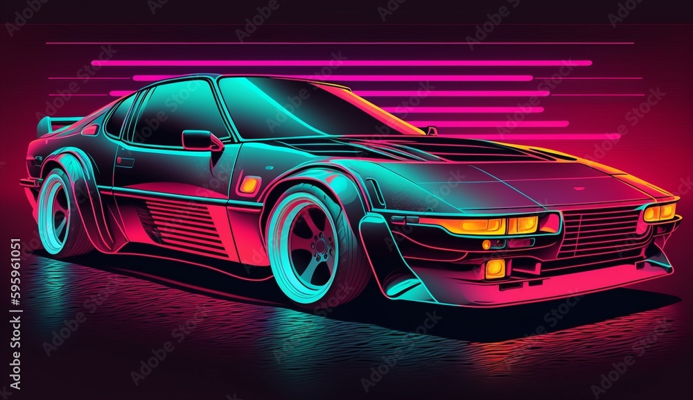 Cyberpunk Futuristic retro wave synth wave car; Retro sports car with neon backlight contours. Generative ai Cyberpunk Futuristic retro wave synth wave car; Retro sports car with neon backlight contours. Generative ai