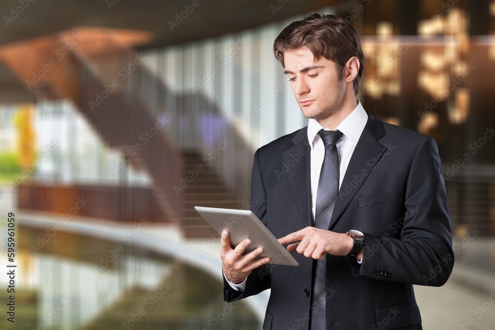 Smiling happy business man manager outdoor on street Smiling happy business man manager outdoor on street