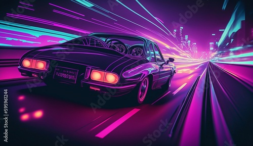 Cyberpunk Futuristic retro wave synth wave car  Retro sports car with neon backlight contours. Generative ai