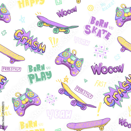 Activity teenagers seamless pattern with skateboard, gamepad, graffiti text Freestyle, happy. Cartoon style gaming repeat print for sport textile, clothes, wrapping paper. Gamer ornament. Comics style