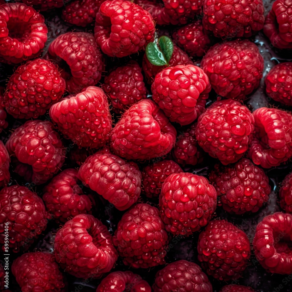 Top down view of fresh raspberries with waterdrops. AI Generative Art. Top down view of fresh raspberries with waterdrops. AI Generative Art.