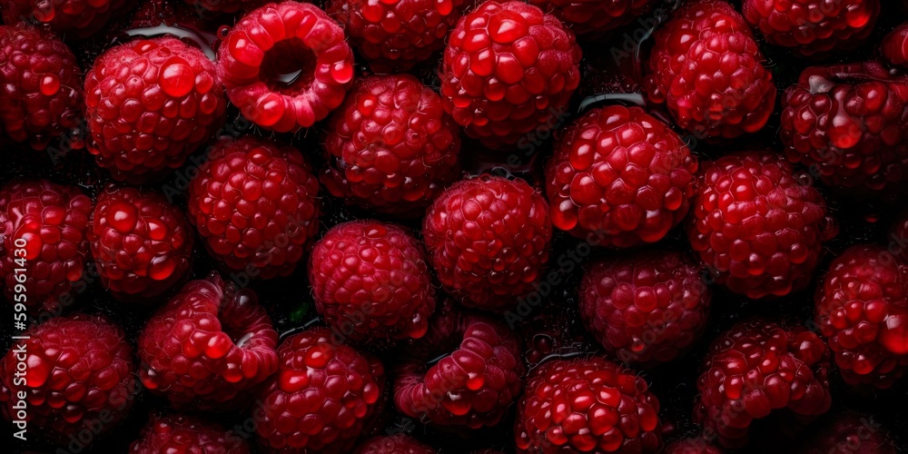 Top down view of fresh raspberries with waterdrops. AI Generative Art. Top down view of fresh raspberries with waterdrops. AI Generative Art.