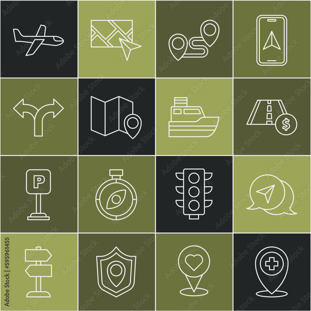 Set line Location with cross hospital, Infographic of city map navigation, Toll road traffic sign, Route location, Folded marker, Road, Plane and Ship line path icon. Vector Set line Location with cross hospital, Infographic of city map navigation, Toll road traffic sign, Route location, Folded marker, Road, Plane and Ship line path icon. Vector