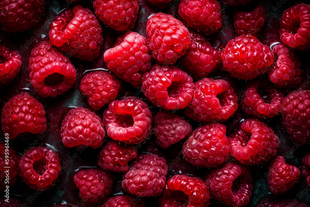 Top down view of fresh raspberries with waterdrops. AI Generative Art. Top down view of fresh raspberries with waterdrops. AI Generative Art.