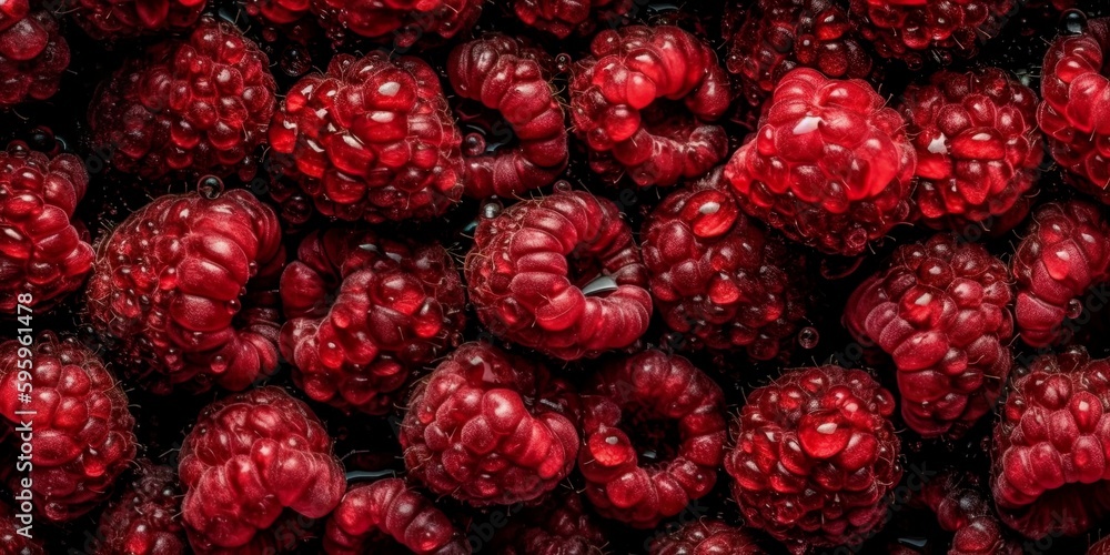 Top down view of fresh raspberries with waterdrops. AI Generative Art. Top down view of fresh raspberries with waterdrops. AI Generative Art.