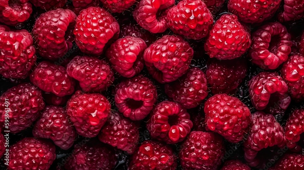 Top down view of fresh raspberries with waterdrops. AI Generative Art. Top down view of fresh raspberries with waterdrops. AI Generative Art.