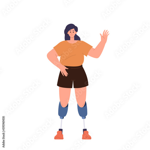 Happy young woman character waving hand feeling satisfied having innovative bionic legs prosthesis