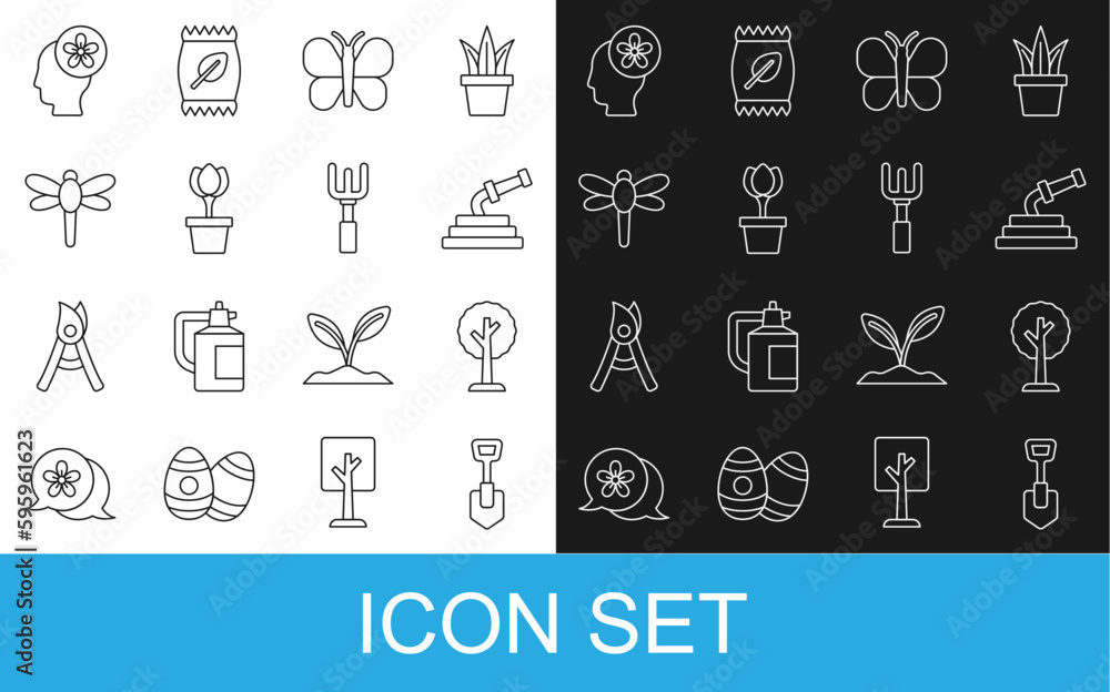 Set line Shovel, Forest, Garden hose, Butterfly, Flower tulip in pot, Dragonfly, Human head with flower inside and rake icon. Vector