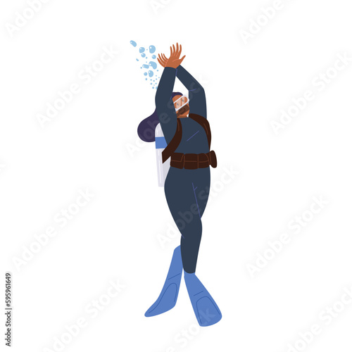 Happy beautiful woman scuba diver character wearing wetsuit, mask and flippers swimming underwater