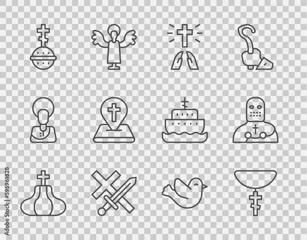 Set line Church tower, Christian cross on chain, Hands praying position, Crusade, Location church building, Dove and Knight crusader icon. Vector Set line Church tower, Christian cross on chain, Hands praying position, Crusade, Location church building, Dove and Knight crusader icon. Vector