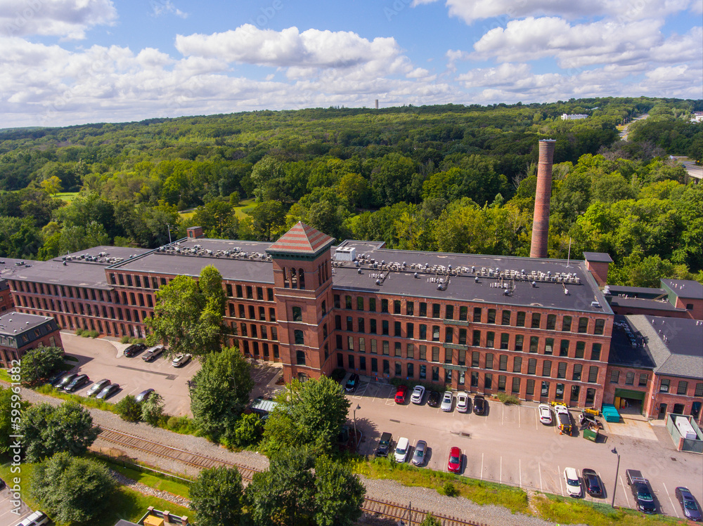 Obraz premium Ashton Mill aerial view at Blackstone River in historic town of Cumberland, Rhode Island RI, USA. 