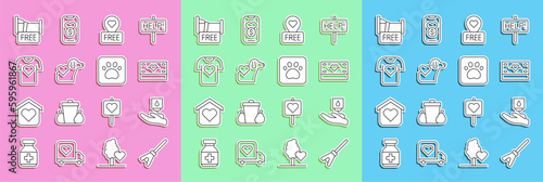 Set line Mop, Blood donation, Donation and charity, Location with heart, Heart dog, Clothes, Free overnight stay house and Paw print icon. Vector