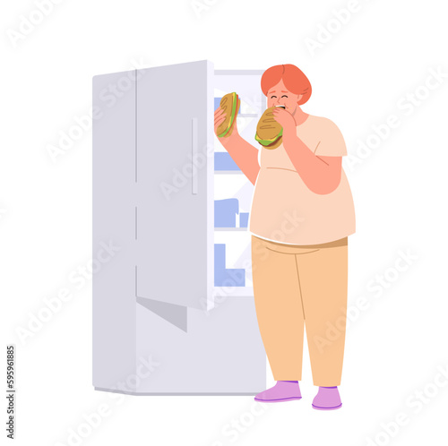 Overweight woman character eating sandwich standing front of opened refrigerator isolated on white
