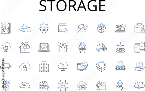 Storage line icons collection. Preservation, Safekeeping, Hoarding, Storing, Stockpiling, Collecting, Retaining vector and linear illustration. Holding,Gathering,Accumulating outline signs set