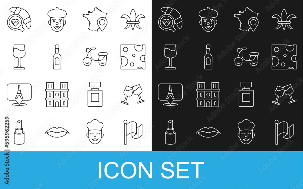 Set line Flag France, Wine glass, Cheese, Map of, Champagne bottle, Coffee cup with croissant and Scooter icon. Vector