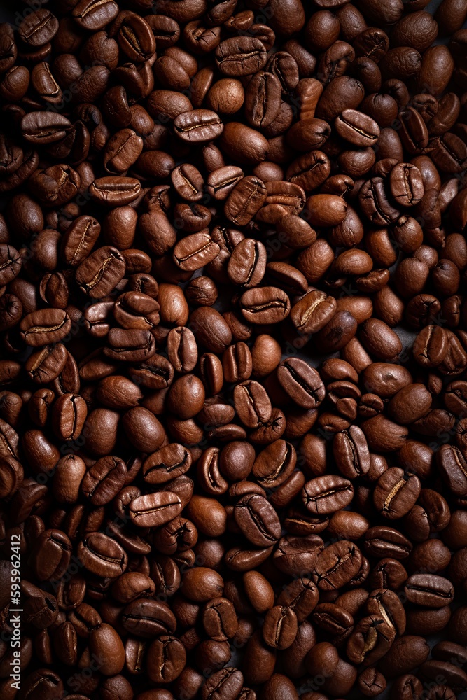 Fototapeta premium Top down view of fresh roasted coffee beans. AI Generative Art.