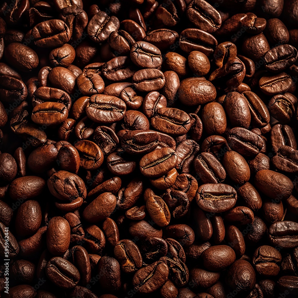 Fototapeta premium Top down view of fresh roasted coffee beans. AI Generative Art.