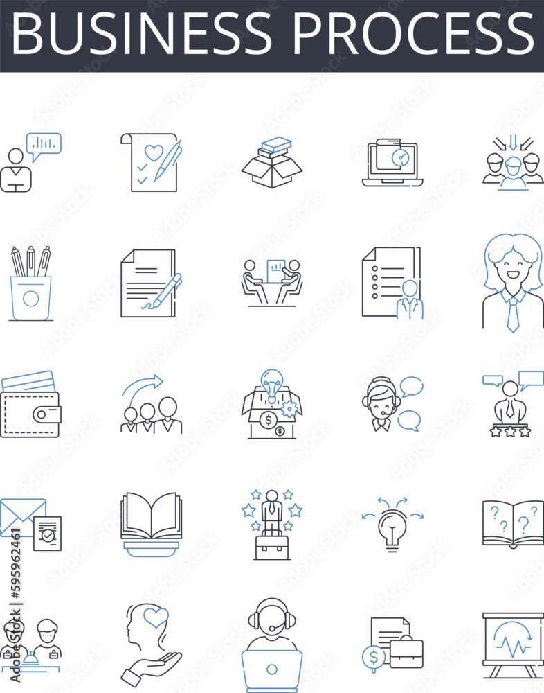 Business process line icons collection. Production line, Operational flow, Work procedure, Task sequence, Schedule framework, Operating mechanism, Service regimen vector and linear illustration