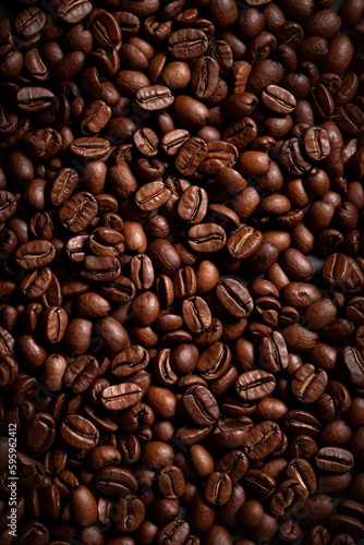 Top down view of fresh roasted coffee beans. AI Generative Art.