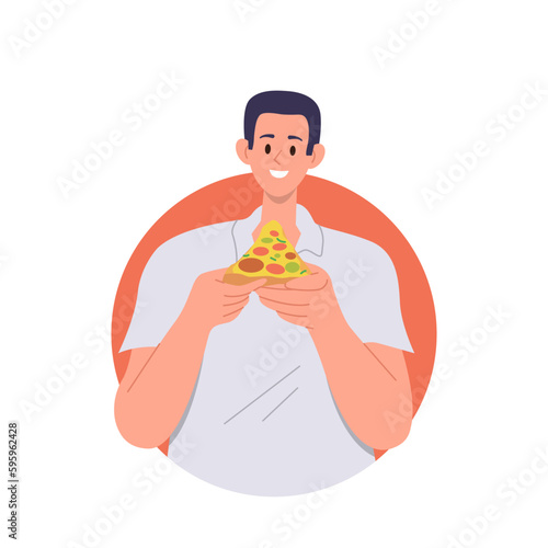 Portrait of happy smiling man holding tasty pizza slice ready to eat delicious junk fast food snack