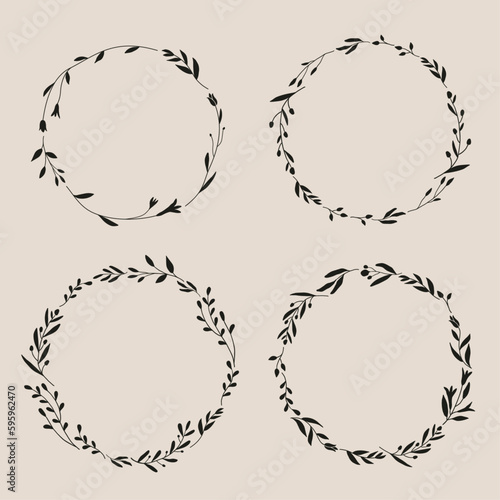 Flower and leaf frame border illustration. Botanical wreath and garland graphic design. Wildflower and herbs vintage artwork. 