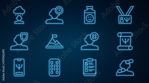 Set line Sedative pills, Psychology book, Antidepressants, Mountains with flag on top, Depression and frustration, Solution problem psychology and Insomnia icon. Vector