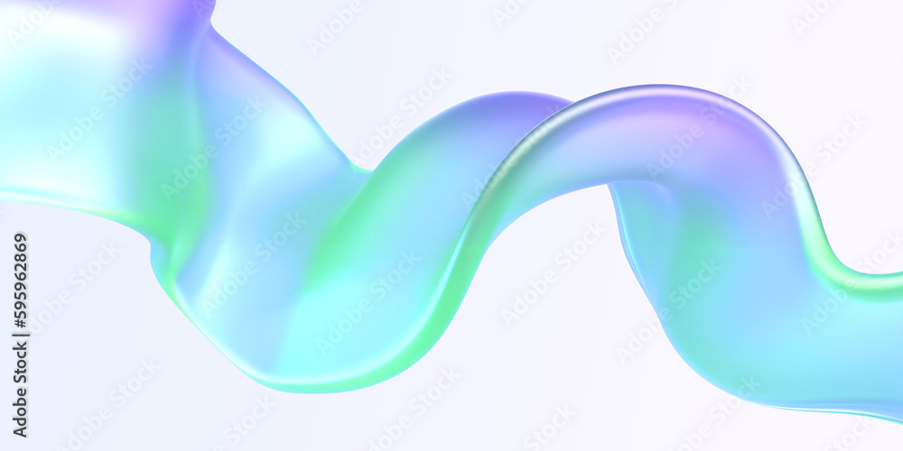 Fototapeta premium Holographic iridescent ribbon isolated on white background 3d render. Flowing wave line or tape in motion. Fluid, foil or metal neon shape with green blue purple gradient texture. 3D illustration