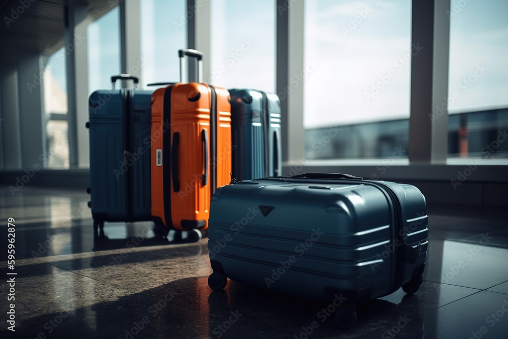 Suitcases in airport departure lounge, summer vacation concept, traveler's suitcases in airport terminal waiting area, empty lounge interior with large windows. Colored generative AI illustration.