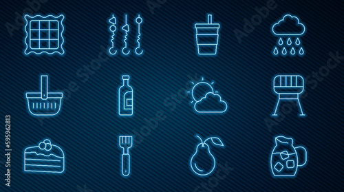 Set line Jug glass with water, Barbecue grill, Paper, Bottle of wine, Picnic basket, Checkered napkin, Sun and cloud weather and Grilled shish kebab on skewer icon. Vector