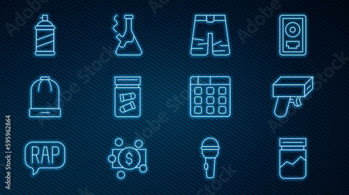 Set line Plastic bag of drug, Money gun, Wide pants, Evidence with bullet, Winter hat, Paint spray can, Drum machine music and Glass bong for smoking marijuana icon. Vector