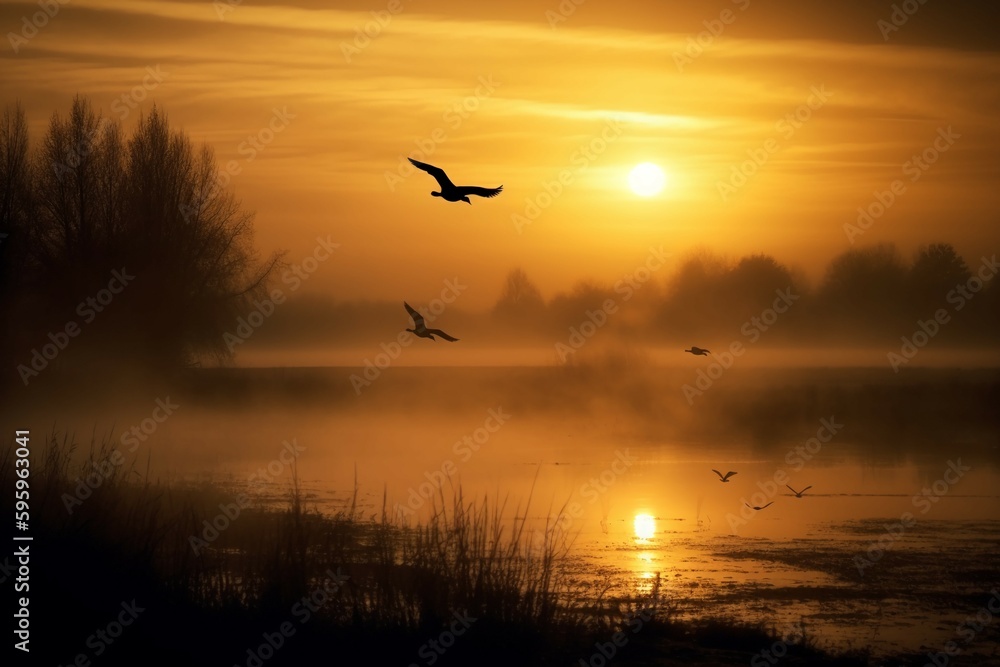 Sunrise new day and flying flock of  bird. AI generative