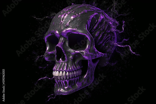 Spooky skull art, Halloween skeleton. Ancient treasure, AI generated creative artwork. Horror gaming, movie