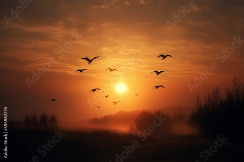 Sunrise new day and flying flock of bird. AI generative
