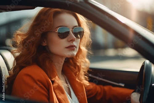 Stylish redhead girl in sunglasses in car, created with Generative AI Technology