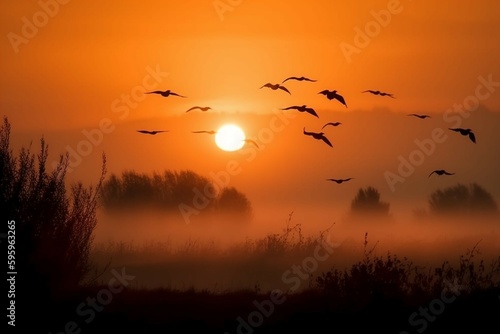 Sunrise new day and flying flock of  bird. AI generative