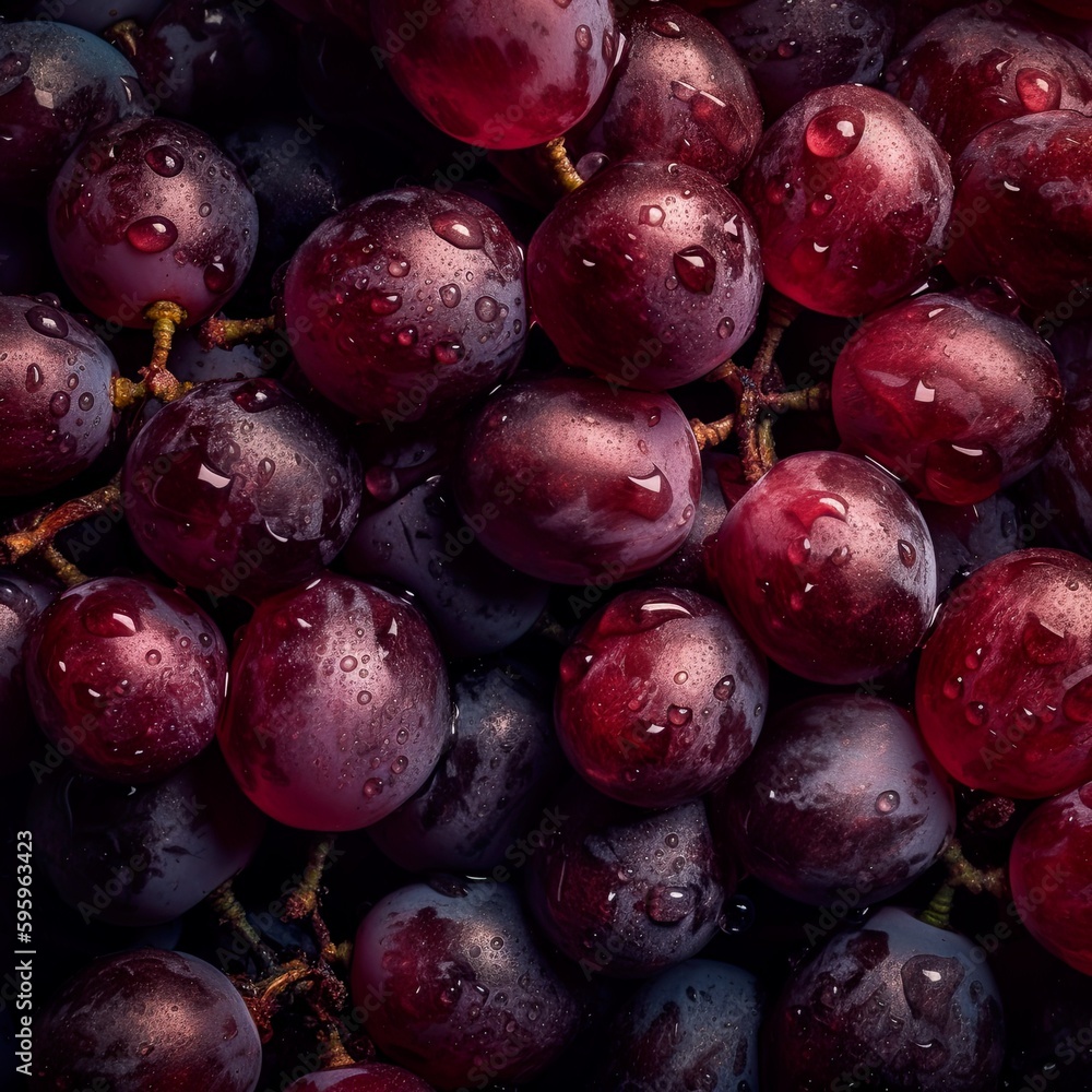 Top down view of fresh red grapes with waterdrops. AI Generative Art. Top down view of fresh red grapes with waterdrops. AI Generative Art.