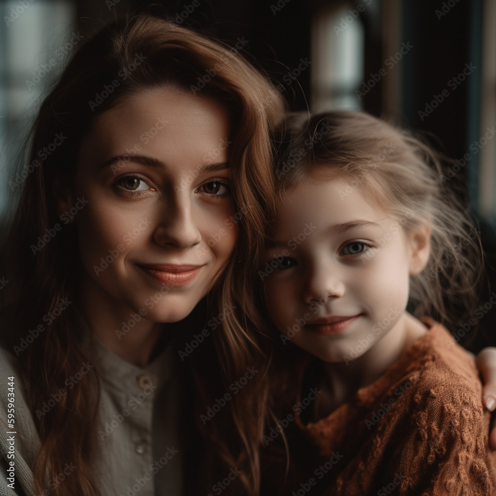 Portrait of a beautiful mother and daughter in the interior of the house, created with Generative AI Technology Portrait of a beautiful mother and daughter in the interior of the house, created with Generative AI Technology